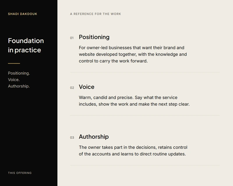 Foundation in practice: positioning, voice and authorship for this offering.