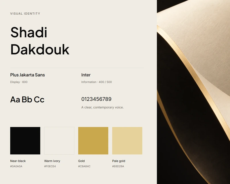 Shadi Dakdouk identity specimen with typography, warm ivory and gold palette, and a sculptural material detail.