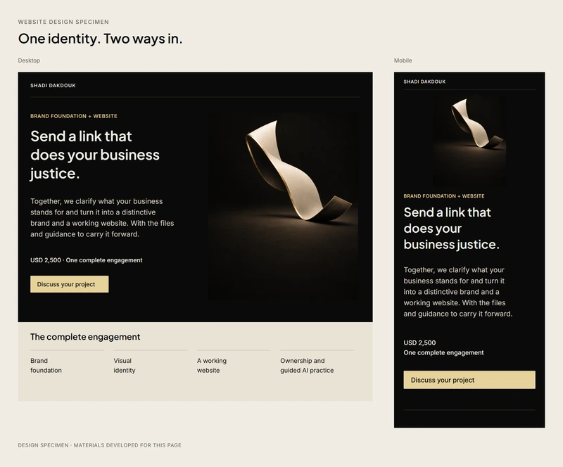 Website design specimen showing this brand and website offering on a desktop and phone.